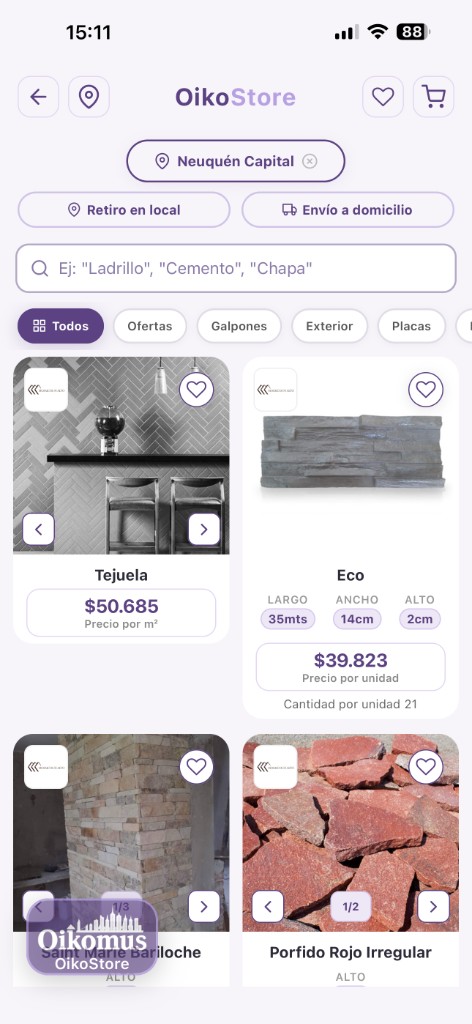 OikoStore en la app Oikomus: catálogo de productos de construcción